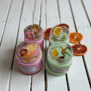 aloha glass jar pink soy wax candle Pink Tropical Island "Aloha Jessamine Creations