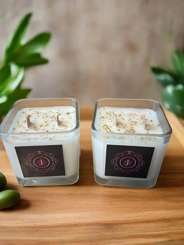 Elegant Gold-Topped Square Candle with Wood Wick – Luxe Home Decor & Gift - Jessamine Creations